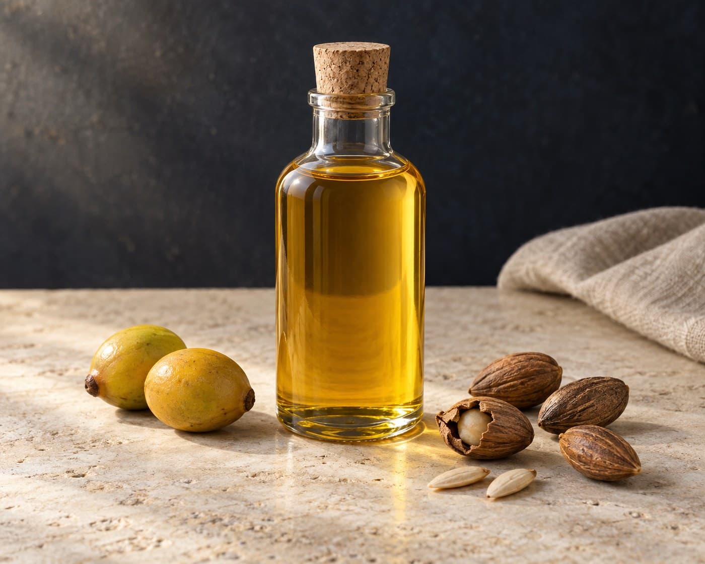 Argan oil in a plain glass bottle with argan fruit, stones and kernels