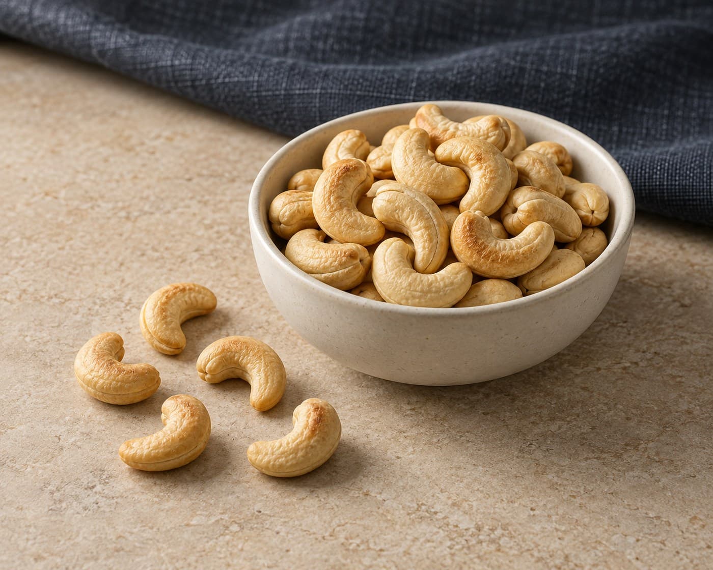 Roasted cashew kernels in a ceramic bowl