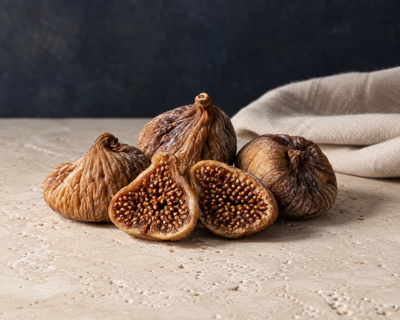 Whole and halved dried figs on warm limestone