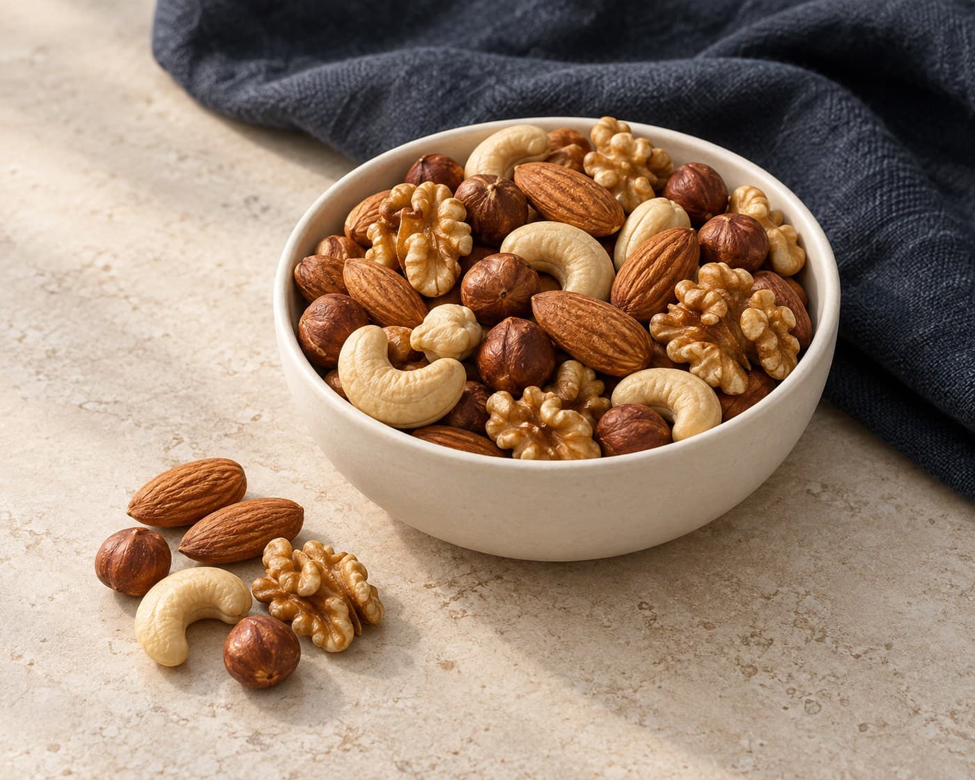 Almonds, walnuts, hazelnuts and cashews in a ceramic bowl