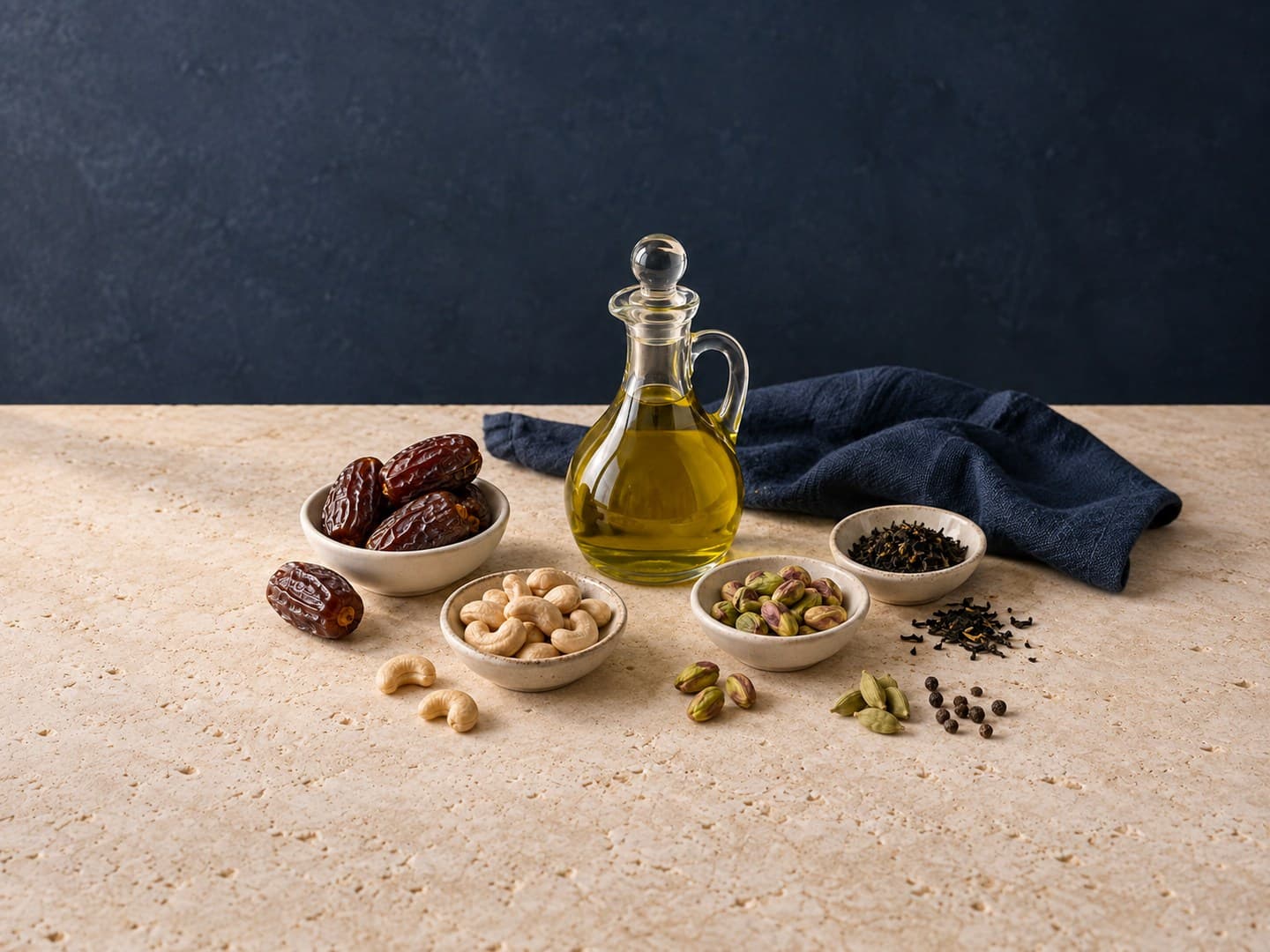 Olive oil, dates, nuts, loose tea and whole spices arranged on warm limestone