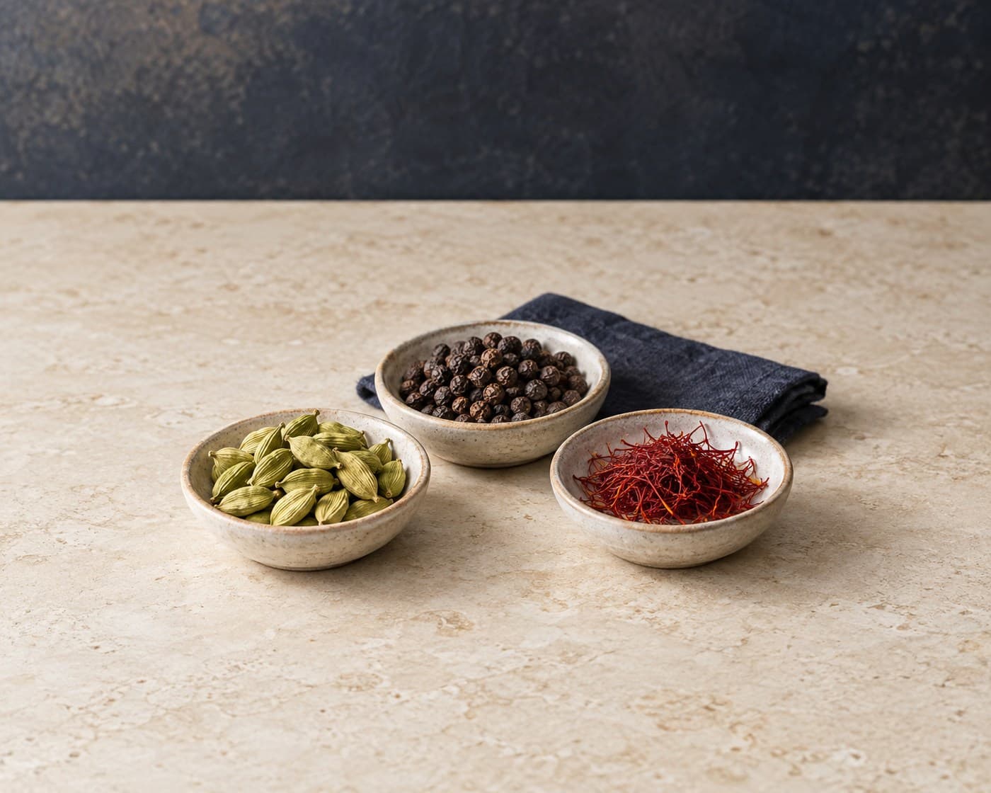 Whole green cardamom pods, black peppercorns and saffron threads in separate bowls