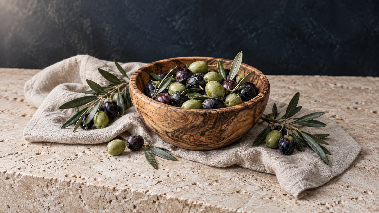 Fresh green and dark olives with olive branches in a carved wooden bowl